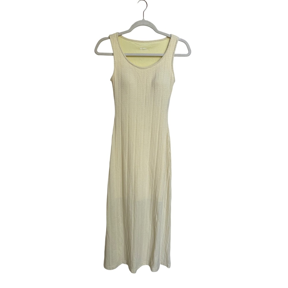 OGL Move Ribbed Knit Midi Dress Pale Yellow Scoop Neck Sleeveless Size XS NEW